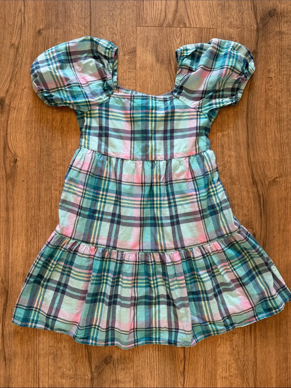 Girls Plaid Puff-Sleeve Dress in Pastel Blue and Pink